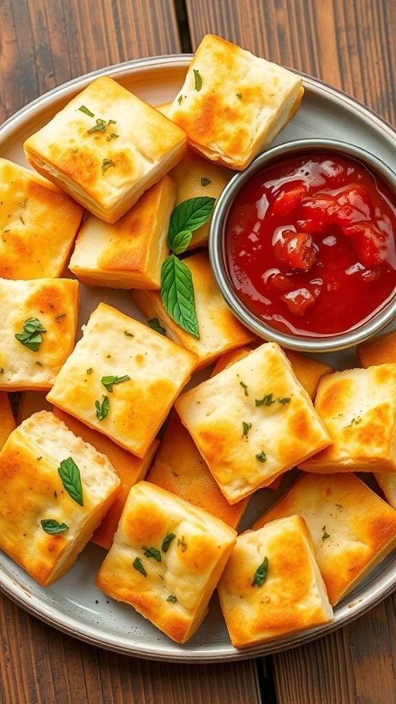 A plate of herb focaccia bread bites with olive oil and herbs, served with marinara sauce on a rustic table.